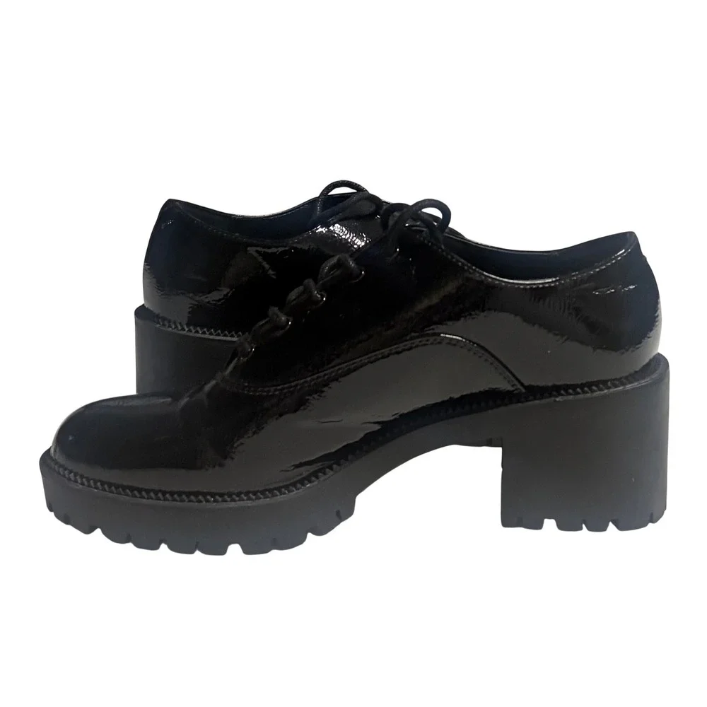 Mix‎ No. 6 Seren Black Patent Lug Sole Block Heel Lace Up Oxfords Shoes 9M